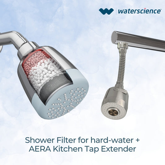 CLEO Shower Filter for Hard Water - Single Flow + AERA Flexi Kitchen Tap extender