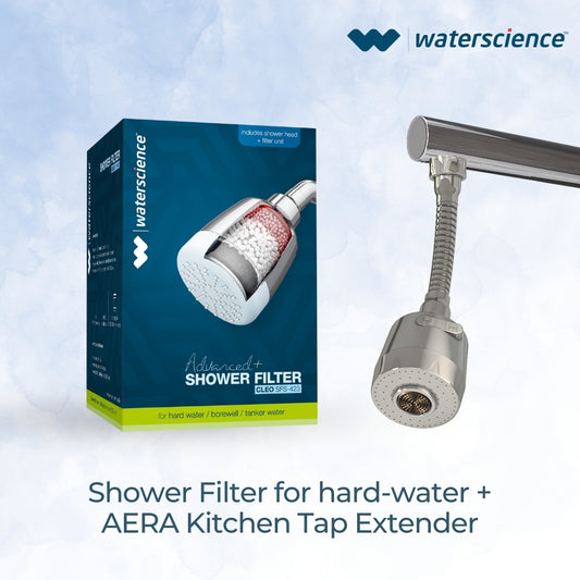 CLEO Shower Filter for Hard Water - Single Flow + AERA Flexi Kitchen Tap extender