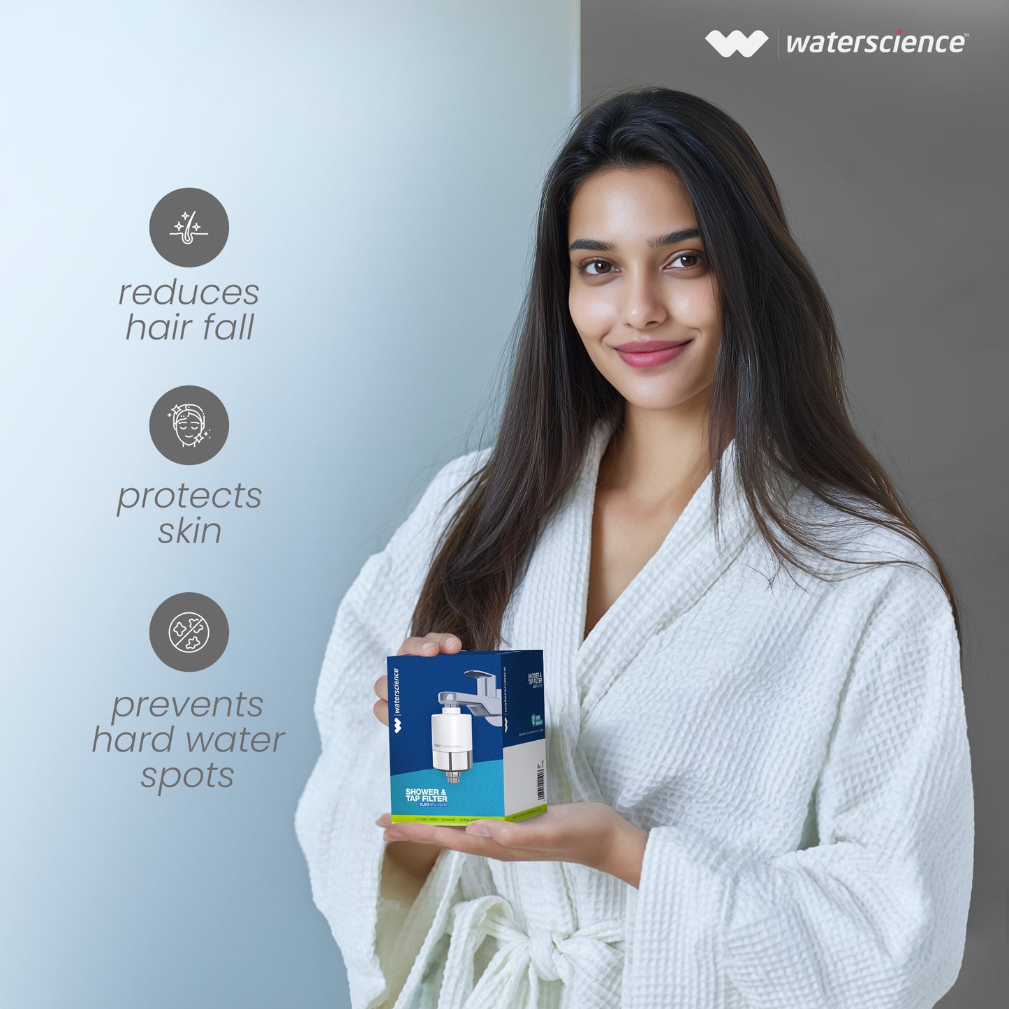 CLEO Shower & Tap Filter for Hard Water - for Borewell/Tanker Water - with Metal Adaptors