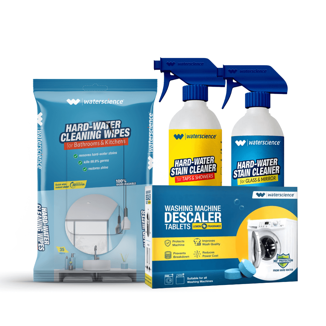 WaterScience 4 In 1 Combo: Hard Water Stain Cleaner Kit: 2 Stain Remover sprays + Washing Machine Descaler + Stain removing wipes