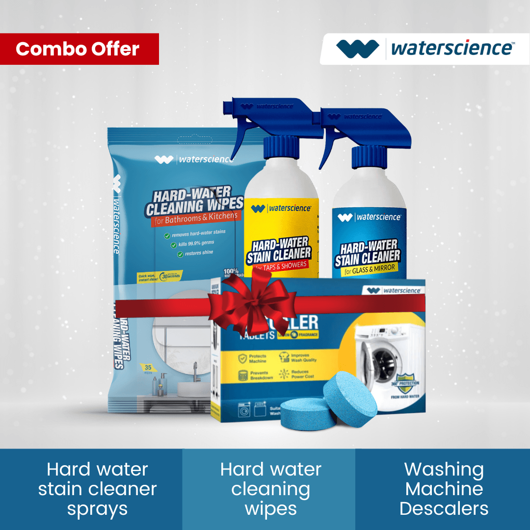 WaterScience 4 In 1 Combo: Hard Water Stain Cleaner Kit: 2 Stain Remover sprays + Washing Machine Descaler + Stain removing wipes