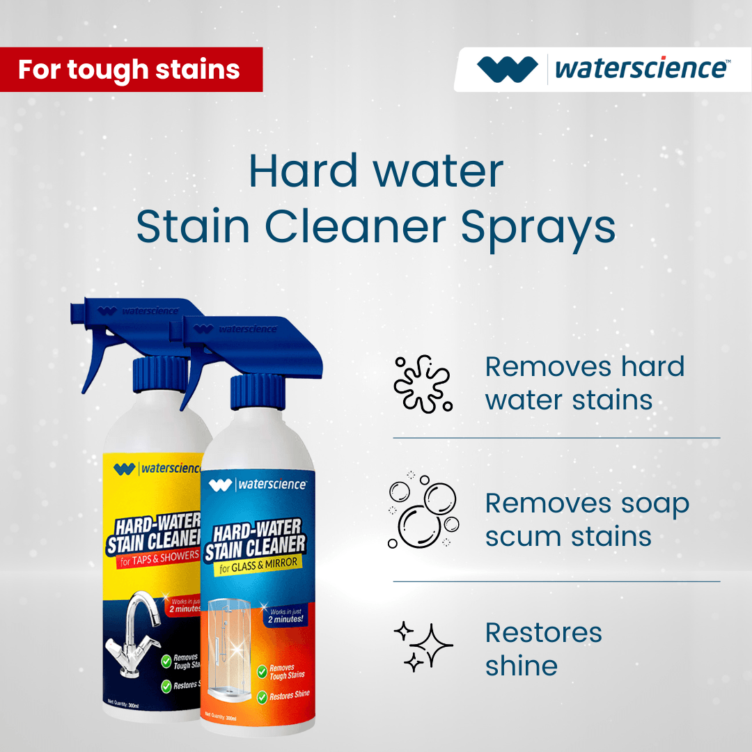 WaterScience 4 In 1 Combo: Hard Water Stain Cleaner Kit: 2 Stain Remover sprays + Washing Machine Descaler + Stain removing wipes