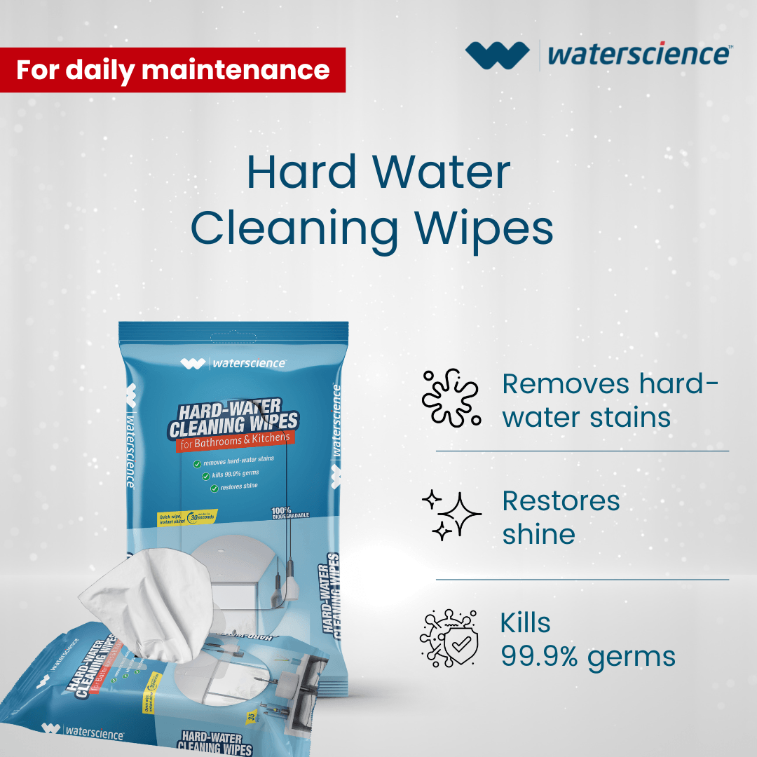 WaterScience 4 In 1 Combo: Hard Water Stain Cleaner Kit: 2 Stain Remover sprays + Washing Machine Descaler + Stain removing wipes