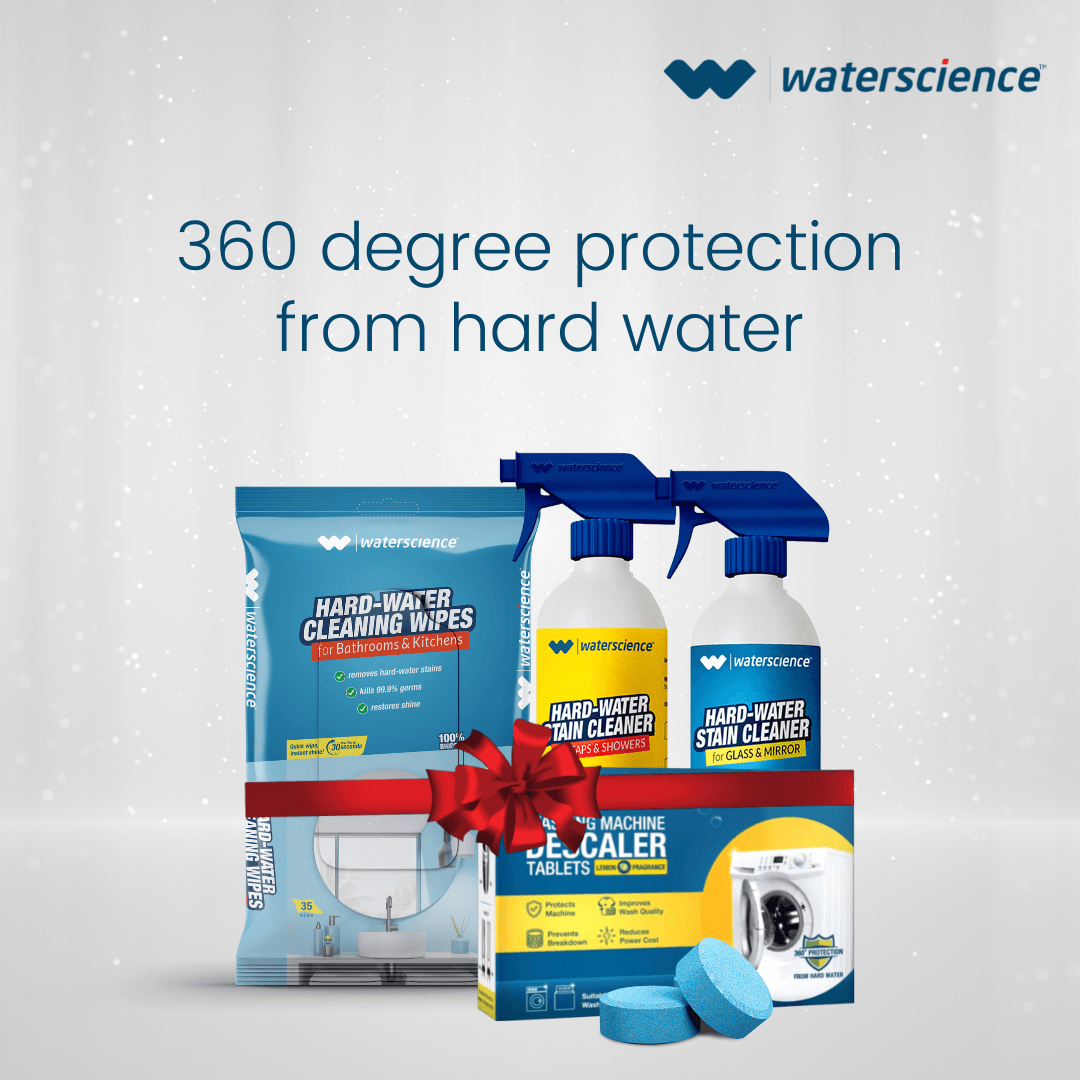 WaterScience 4 In 1 Combo: Hard Water Stain Cleaner Kit: 2 Stain Remover sprays + Washing Machine Descaler + Stain removing wipes